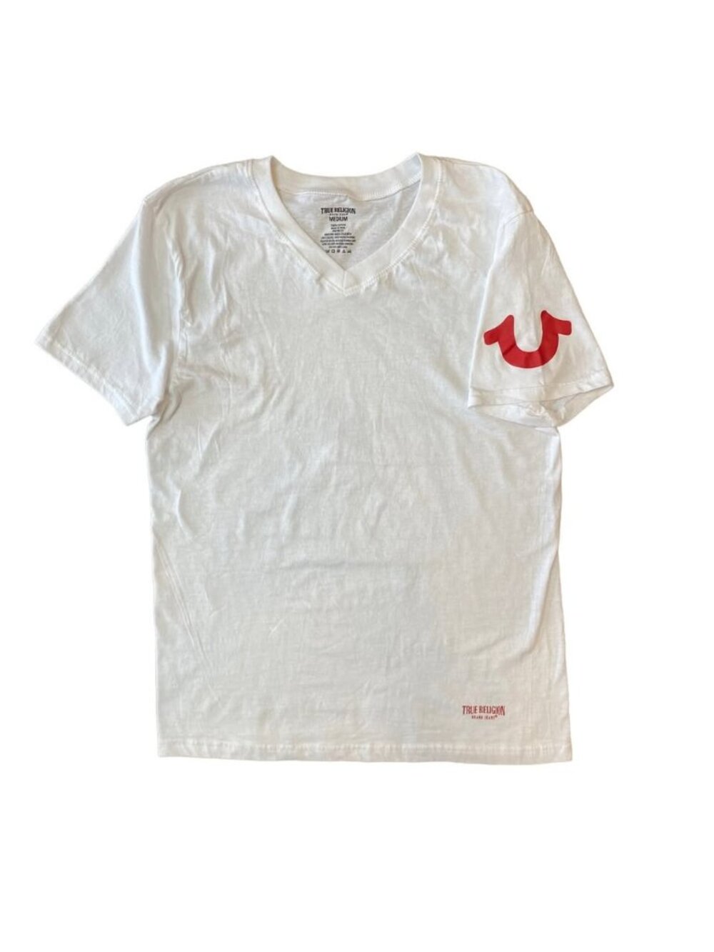 TRUE RELIGION T-shirt Short Sleeve V-neck Undershirt Size M White Red Logo NWOT
